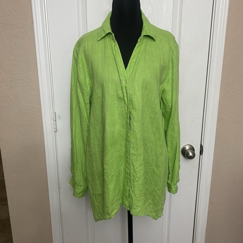 Symple NYC Women's 100% Linen Lime Green Tunic Button Up Shirt